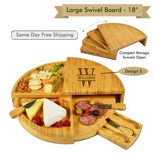 Personalized Charcuterie Board Wedding Gift. Space saving design Swivels from a Wedge to a Multi Level Round Cheese Board