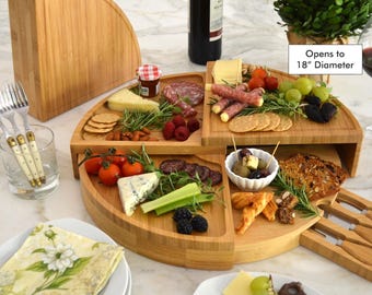 Unique Personalized Charcuterie Board. Patented Swivel Design Saves Storage Space & Stores Tools. Weddings, Housewarming, Birthdays, Clients