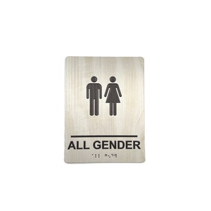 Letrero para baño que cumple con la ADA con Braille - Acrílico con textura de veta de madera blanqueada - Baño para todos los géneros - Letreros personalizados