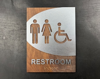 ADA Compliant Wood and Textured Steel Bathroom Sign with Raised Letters and Braille 6" x 8" x 1/8" - Custom Signs