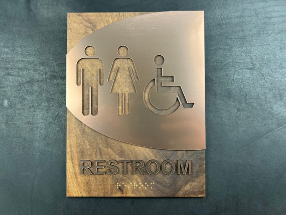 ADA Compliant Sleek Wooden Bathroom Sign with Raised Letters and Braille 6" x 8" x 1/8"