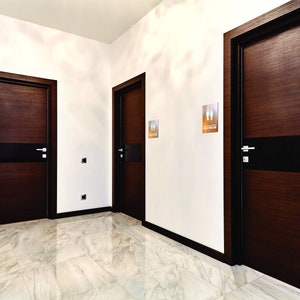May include: Three dark brown wooden doors with black accents and silver door handles. The doors are in a hallway with white walls and a white marble floor.