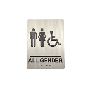 Letrero para baño que cumple con la ADA con Braille - Acrílico con textura de veta de madera blanqueada - Letrero personalizado para baño para todos los géneros con silla de ruedas