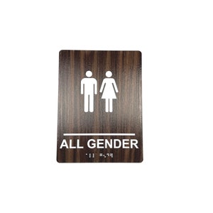 Letrero para baño que cumple con la ADA con Braille - Acrílico con textura de veta de madera de teca - Baños para todos los géneros - Letreros personalizados
