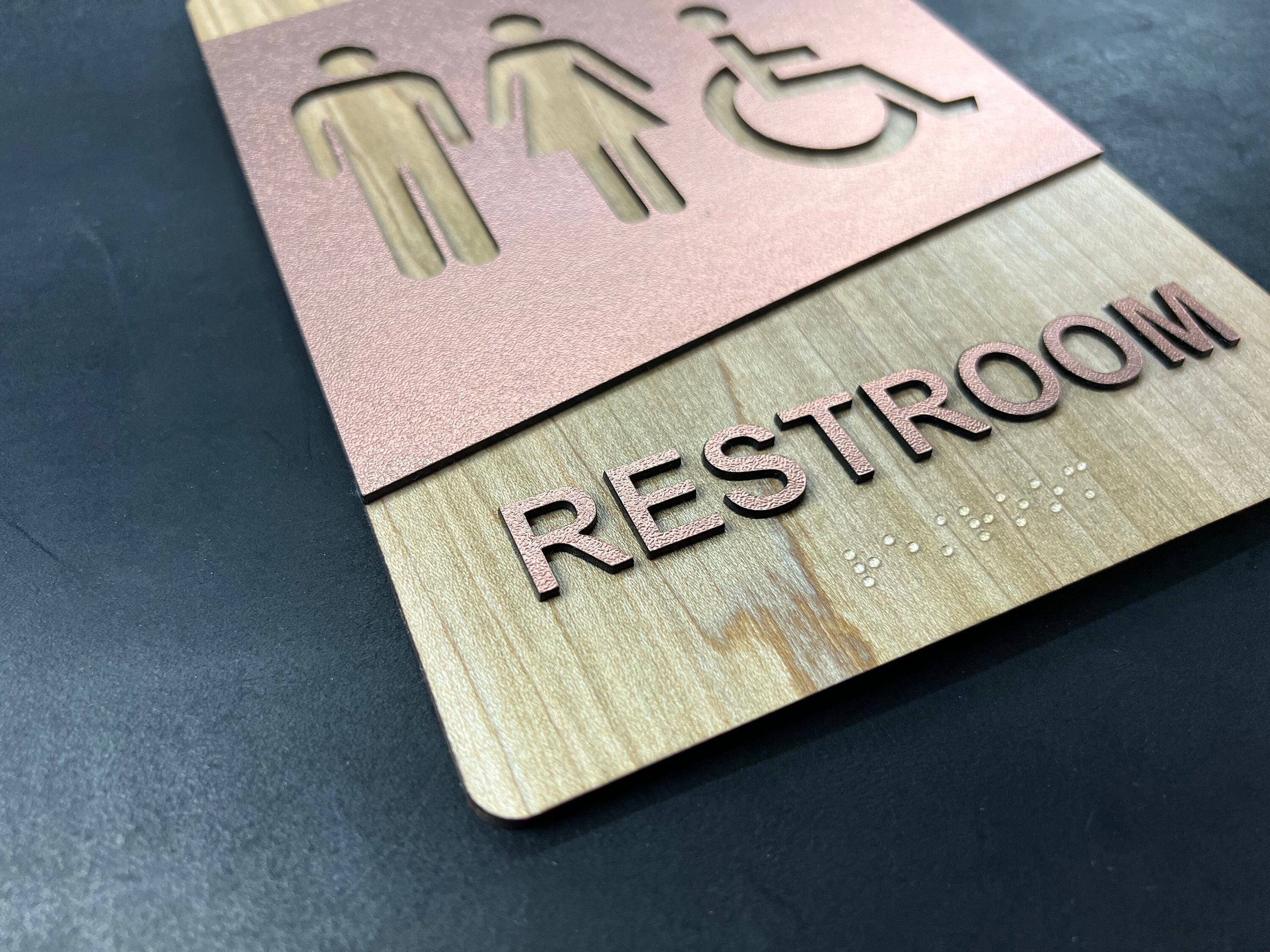 ADA Compliant Rustic Wood and Textured Copper Bathroom Sign With Raised ...
