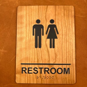 ADA Compliant Wooden Bathroom Sign with Raised Letters and Braille - Custom Signs by Lakeshore Sign Co.