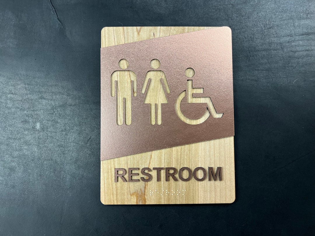 ADA Compliant Rustic Wood and Textured Copper Bathroom Sign With Raised ...