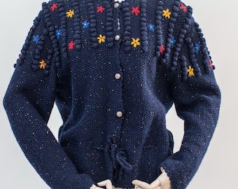 Vintage Wool Cardigan: Austrian Tyrolean Handmade Pompom Sweater