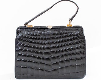 1970 Black Vintage Handbag | 70&#39;s Top Handle Bag | Genuine leather cute purse