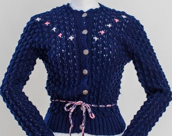 Cárdigan vintage de lana austriaca: tejido a mano con bordado floral (XXS-XS)