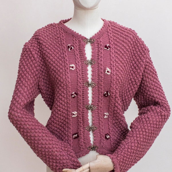 Vintage Austrian Hand Knitted Openwork Cardigan / Altrosa Dust Pink Wool Embroidered Cardigan / Vintage Cottage Core Knit S Size