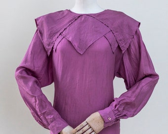 1980s Vintage Violet Silk Lace Blouse Size M | Austrian Folklore Shirt | Puff Sleeves Purple Top | Large Collar Blouse