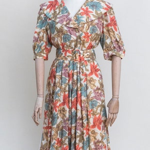 80&#39;s Vintage Floral Dress | Large Shoulders Midi Dress | Iconic 1980 Fashion | Large Collar Summer Dress