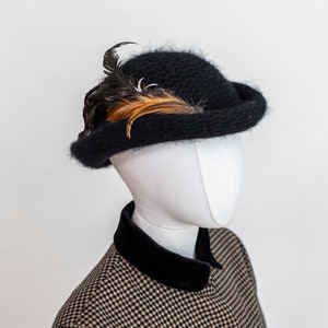 Women&#39;s Black Fedora Feather Hat | Vintage Hat For Fall Hat 55 cm | Austrian Hat | Vintage Accessories