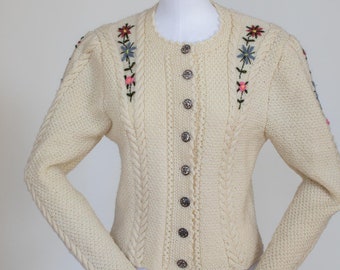 Vintage Austrian Wool Cardigan: Handmade Embroidered Cottage Core (XS-S)