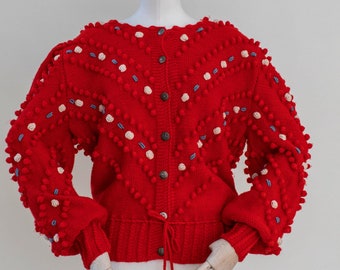 Vintage Austrian Cardigan Red Wool Tyrolean Handmade Cardigan with 3D Pompom embroidery Cottage Core Folklore Pullover | Christmas Sweater