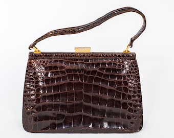 Bolso vintage de piel exótica: bolso marrón con asa superior de los años 70