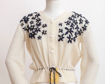 Vintage Embroidered Wool Cardigan: Austrian Knit, Cottage Core S/M