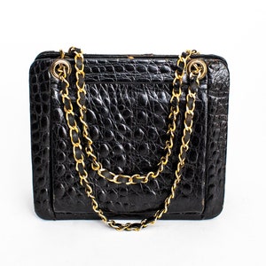 Chanel Black Alligator Kisslock Frame Clutch Shoulder Bag With