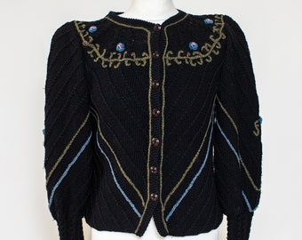 Vintage Hand-Knitted Austrian Cardigan: Black Wool Embroidered Knit (M)