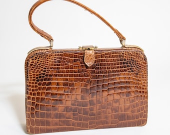 Vintage Brown Leather Top Handle Bag: 1970s Genuine Leather Purse
