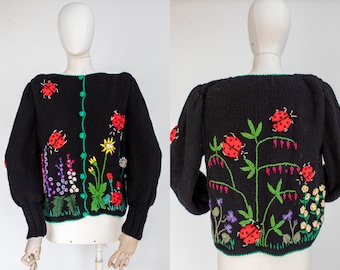 Vintage Wool Cardigan: Handmade Austrian Tyrolean Pompom Ladybug Sweater