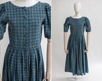 Vintage Plaid Cotton Midi Dress: Austrian Cottagecore Style (Size S)