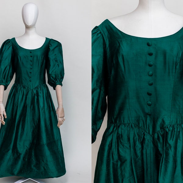 Vintage Österreichisches Grünes Seidenkleid | Cottagecore Midi Folklore Kleid Größe L-XL | Seide Schürze Midi Kleid