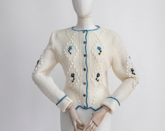 Vintage Austrian Hand Knitted Cardigan / Beige Wool Embroidered Cardigan / Vintage Cottage Core Knit