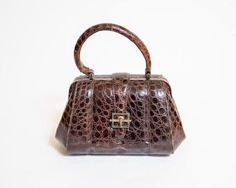 Vintage Exotic Leather Handbag: 60's Brown Top Handle Purse