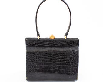 Vintage handbag | genuine leather top handle bag | black handbag with golden hardware | 70&#39;s fashion bag