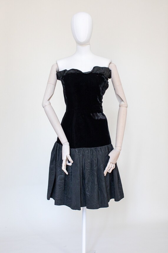Saint Laurent, 1980s Yves Saint Laurent Black Velvet Taffeta Strapless Dress