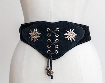 Vintage Black Leather Belt with Metal Hearts | Genuine Leather Traditional Folk Austrian Tyrolean Waistband