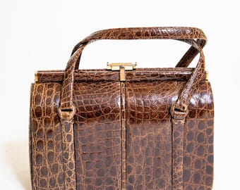 Vintage Exotic Leather Handbag: 60's Brown Top Handle Purse