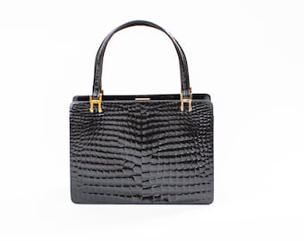 Vintage Embossed Leather Bag | Top handle vintage bag 70s | 1970&#39;s small black purse | vintage accessoires