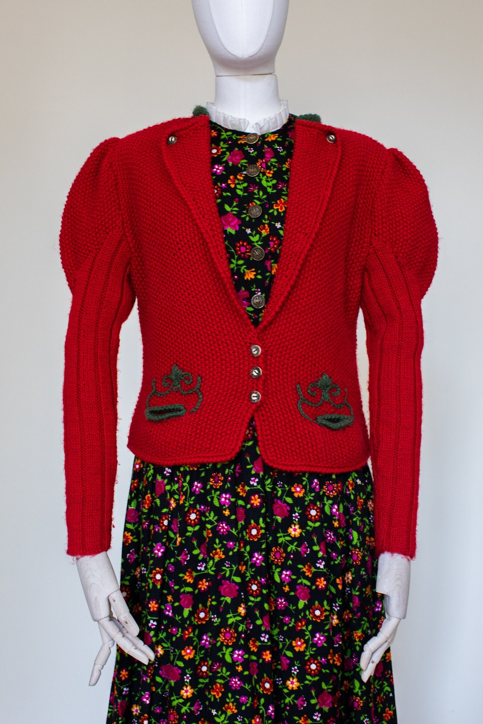 Vintage Hand-Knitted Austrian Cardigan: Red Wool Embroidered Floral Knit, Size M