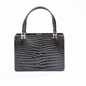 Sac en cuir imitation crocodile vintage gaufré | Sac vintage années 70 à anse | Grand sac à main marron des années 1970 | accessoires vintage