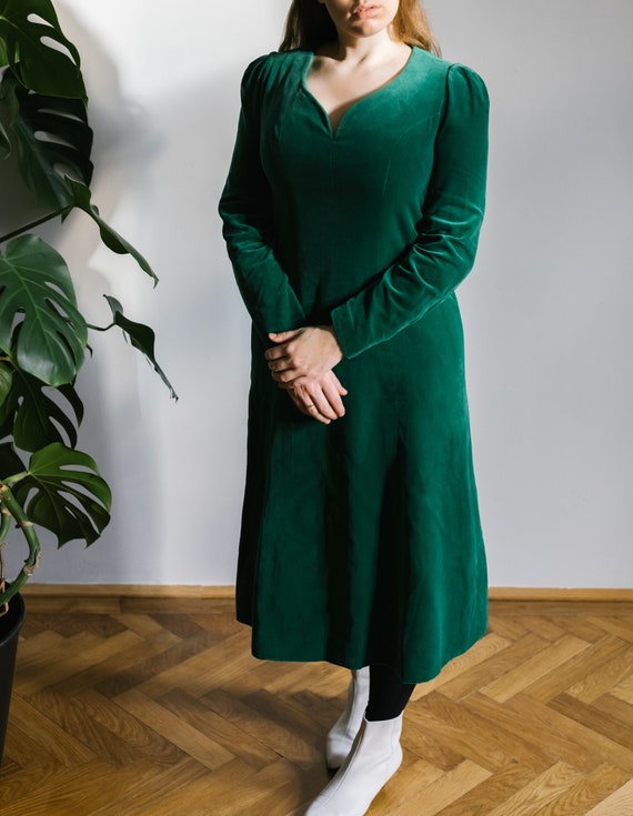 Vintage Green Velvet Dress | Gothic Midi Dress Size M-L