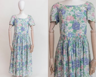 Vintage Austrian Romantic Pastel Floral Cotton Midi Dress  | Cottagecore Midi Folk Dress Size S-M