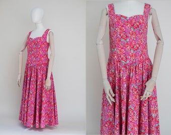 Vintage Laura Ashley blommig klänning 80-tal: Bomullsklänning med puffärmar