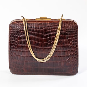 1970 Vintage Brown Leather Chain Purse | Vintage Genuine Exotic Leather Shoulder Bag