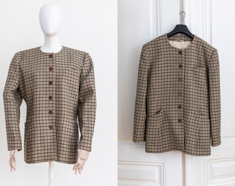 80s Escada Vintage Blazer | Luxury Plaid Jacket Size L XL | Light Academia autumn coat | Brown Check Blazer | tartan jacket