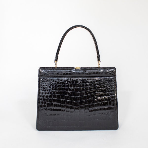 Large Black Vintage Handbag | 1970 authentic vintage top handle bag | black kelly style purse | 70's fashion golden hardware