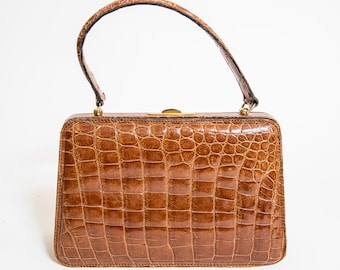 1970 Brown Vintage Exotic Handbag | 70's Top Handle Bag | Genuine leather purse