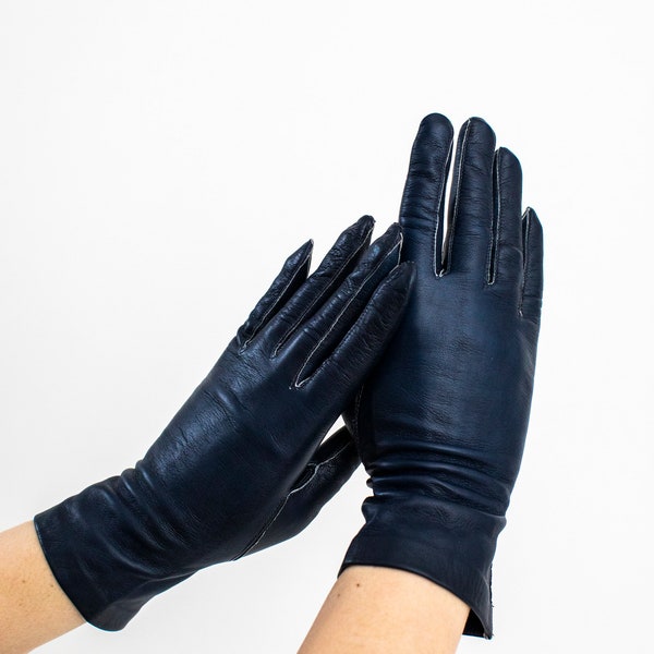 Gants vintage en cuir bleu fin | Gants vintage classiques | Gants en cuir véritable souple Taille 6