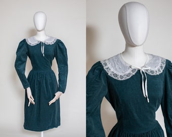 Vintage Laura Ashley vestido de cordón verde 80s invierno algodón Cottage Core Midi vestido Reino Unido 12/14