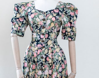 Vintage Austrian Romantic Pastel Floral Cotton Midi Dress  | Cottagecore Midi Folk Dress Size S