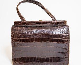Vintage handbag | 1950 authentic vintage top handle bag | brown exotic leather purse | 50's fashion