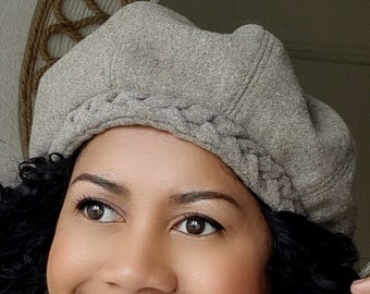 100% medium density wool beret, warm, winter beret, beige/taupe beret with satin lining, unique design, braided beret