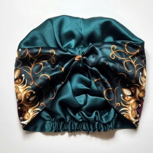 Turban satin REVERSIBLE , turban nuit, viscose premium, cadeau pour elle, bonnet satin femme, cheveux bouclés, bonnet chimio, alopécie Émeraude